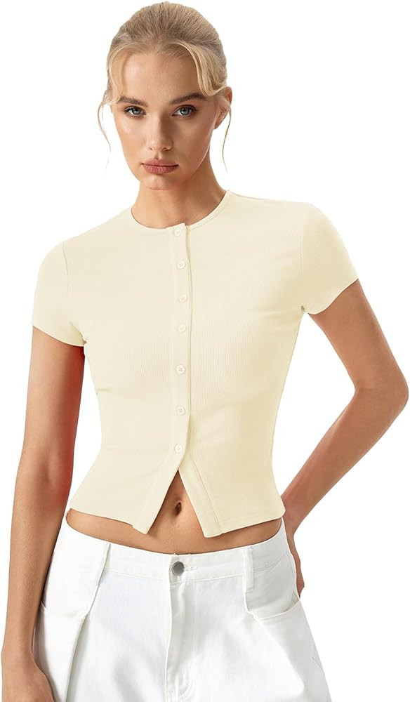 QINSEN Women's Crewneck Short Sleeve T Shirts Ribbed Button Going Out Trendy Tops | Amazon (US)