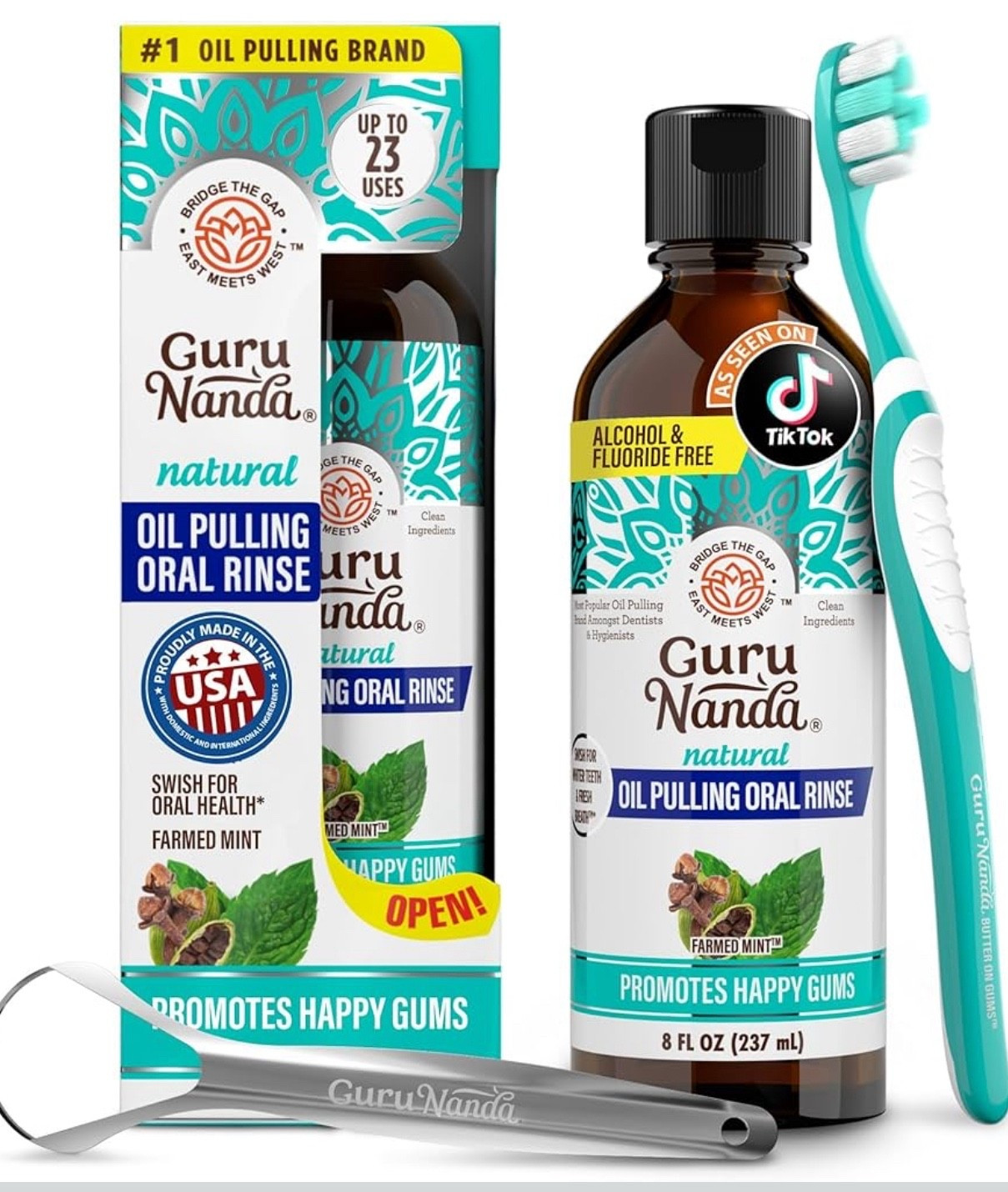 OIL PULLING 
* comes with the softest toothbrush, tongue scraper and rinse*

Okay, do you do oil pulling?! Tongue scraping? 
I feel very strongly about both!
Coming from someone who has sensitive teeth and receeding gums  (two different gum graft surgeries), these are my nonnegotiables! 

So many health benefits out there! It’s an ancient practice- but overall improves oral hygiene and freshens breath and whitens teeth naturally. 

Whenever I go into the dentist, I am always complimented on teeth and my gums… hilarious too because I am all natural and never do any of the office treatments! 😂🙌🏼

Make sure when you try it- you swish it around in your mouth for as many mins as you can handle without swallowing. It will make you gag and dry heave - you cannot swallow this rinse. Also spit into a bag and not your sink. The oils can damage the pipes in your house. 

**I also learned from Ask the Dentist on IG that it’s best  dot he following in this order each morning; tongue scrape, brush teeth (I use Boka toothpaste) coffee/breakfast and then do oil pulling *** 
