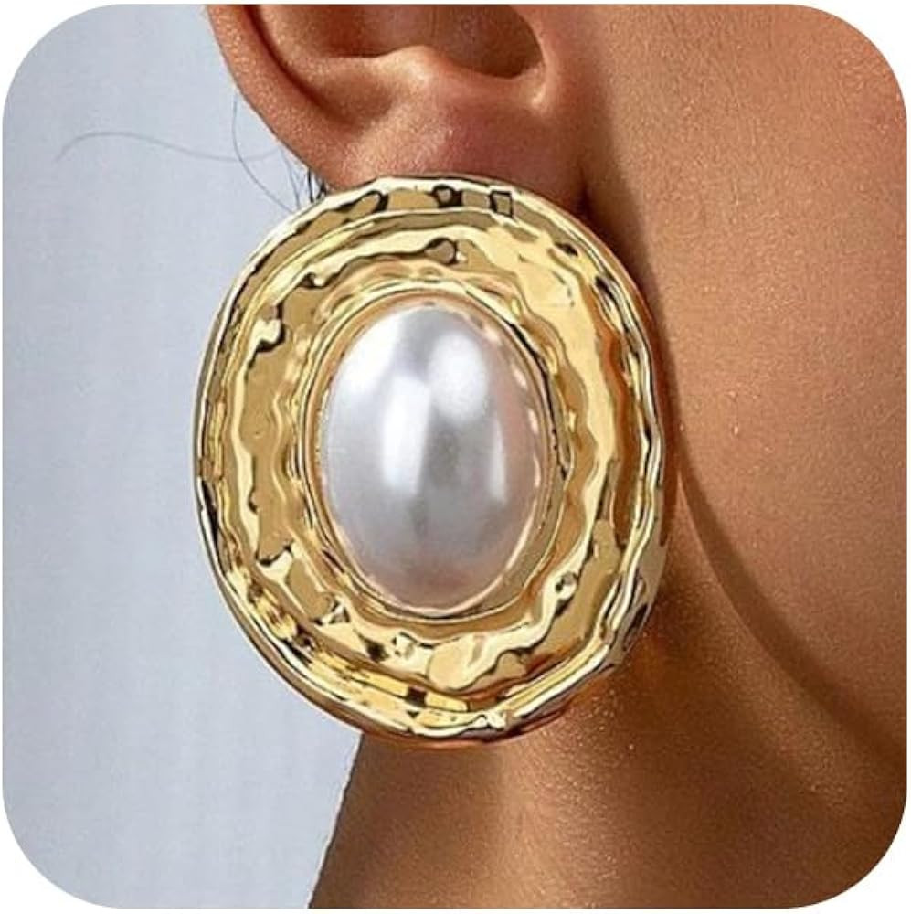 Large Gold Pearls Oval Dangling Earrings for Women Vintage Geometric Round Dangle Earring Exagger... | Amazon (US)