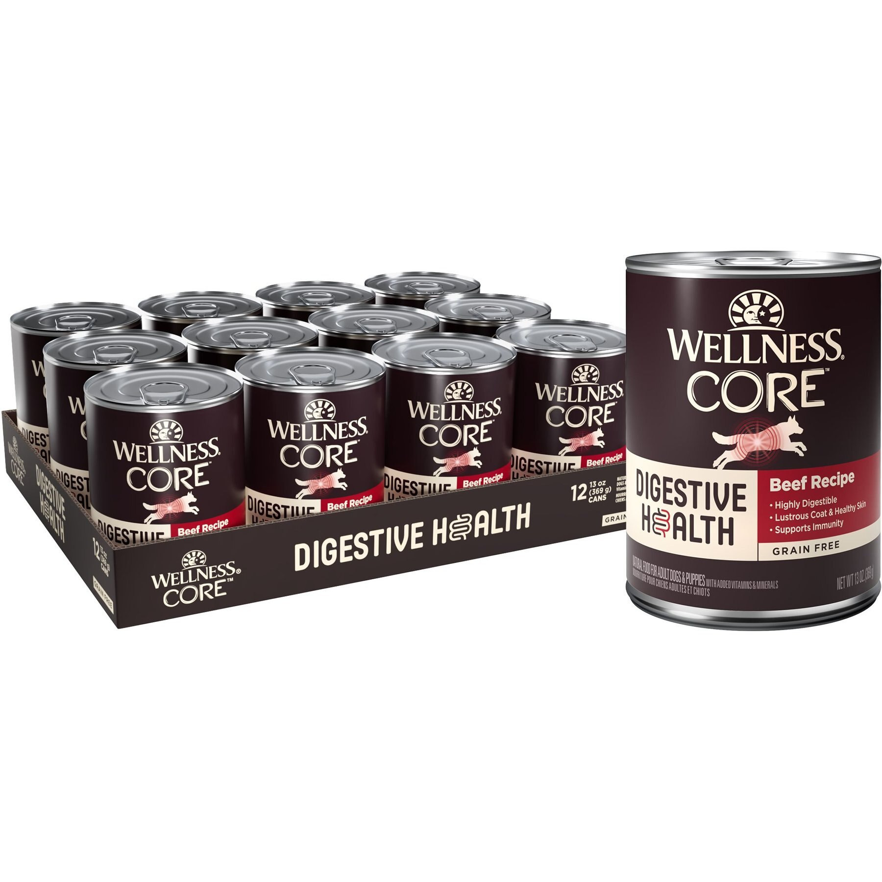 Wellness CORE Digestive Health Beef Recipe Grain-Free Wet Dog Food, 13-oz can, case of 12 | Chewy