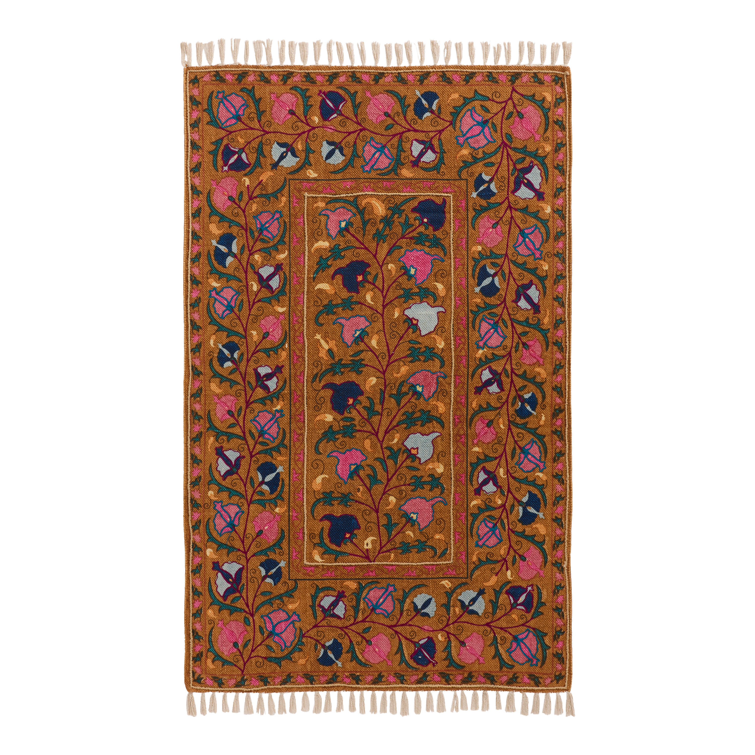 Persephone Pink and Russet Hand Embroidered Cotton Area Rug | World Market