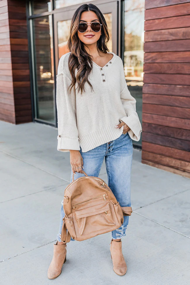Realize Perfection Beige Henley Sweater | The Pink Lily Boutique