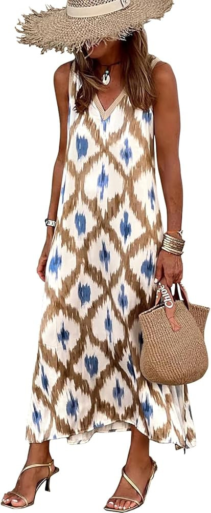 miduo Womens Casual Summer V Neck Sleeveless Floral Printed Beach Split Maxi Dress Sundress | Amazon (US)