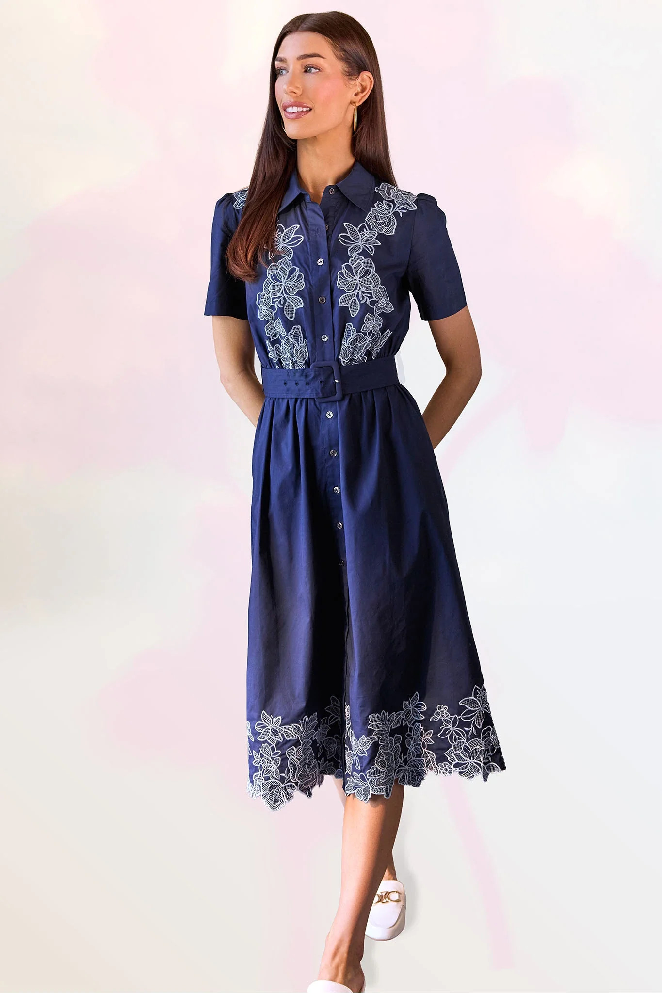Ophelia Navy Embroidered Midi Dress | Avara