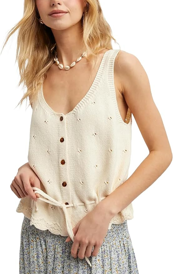 Bianstore Womens Crochet Tank Tops Summer Sleeveless V Neck Button Down Ruffle Hem Tie Waist Knit... | Amazon (US)
