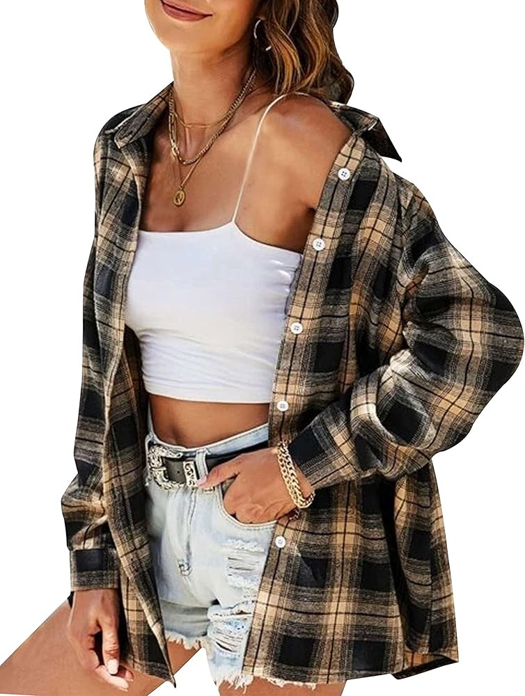 HangNiFang Womens Flannel Plaid Shirts Oversized Button Down Shirts Blouse Tops | Amazon (US)