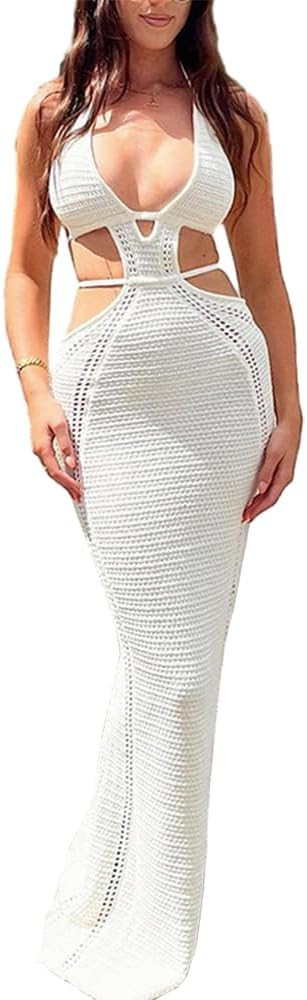 Women's Crochet Knit Maxi Dress Halter Bodycon Dress Sleeveless Tie Backless Cut Out Summer Beach... | Amazon (US)