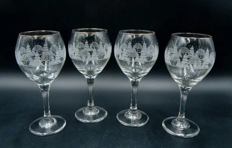 Libbey Arbys Christmas White Frosted Pine Tree Wine Glasses Goblets Gold Rim S/4 - Etsy | Etsy (US)
