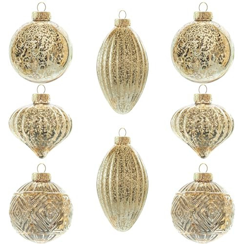 KI Store Mercury Glass Christmas Ornaments Set of 8 Champagne Gold Hanging Christmas Balls Finials for Christmas Tree Decoration Holiday Décor | Amazon (US)