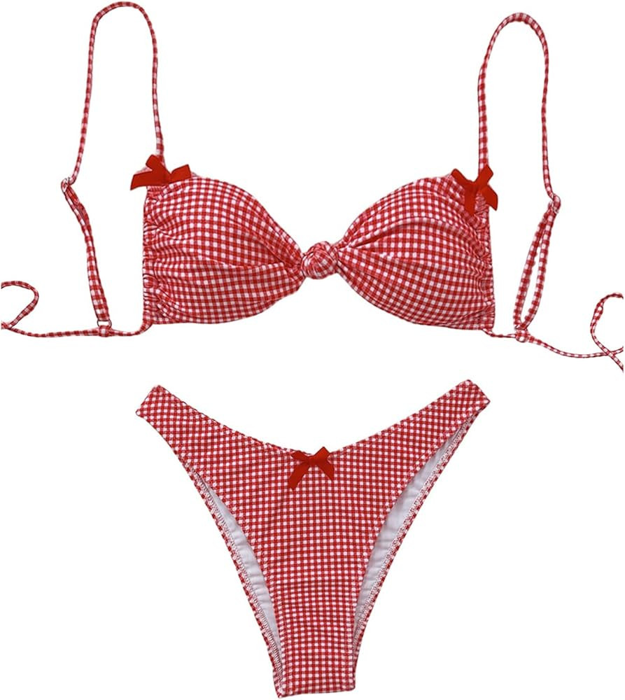 GORGLITTER Women's Y2k Gingham Bikini Set 2 Piece Bow Swimsuit Triangle High Cut Bathing Suit | Amazon (US)