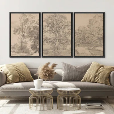 Rustic Countryside "Vintage Sketch Forest Tree Landscape Artwork, French Country Neutral Classic Wall Pictures, Framed Canvas Giclée Print 3 Pieces Wa | Wayfair North America