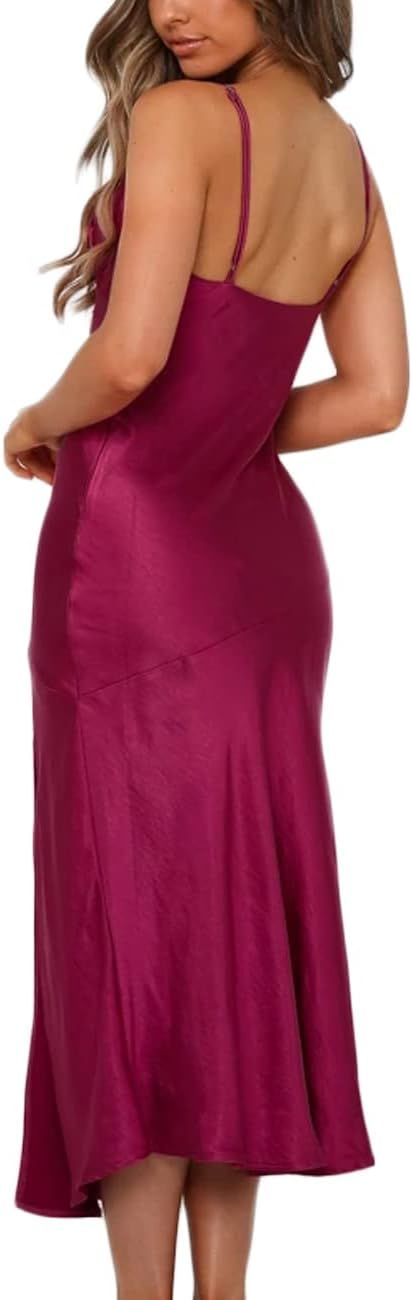 Satin Silk V Neck Slip Maxi Dress for Wedding Guest Women- Sexy Split Wedding Guest Midi Dresses ... | Amazon (US)