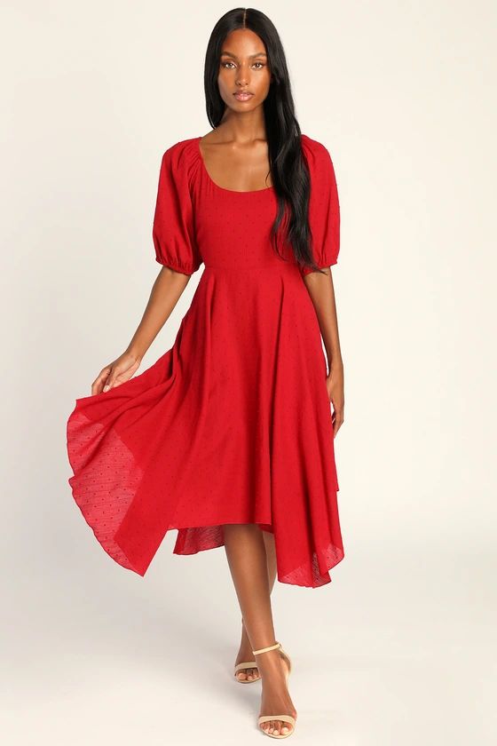 Completely Smitten Red Swiss Dot Lace-Up Puff Sleeve Midi Dress | Lulus