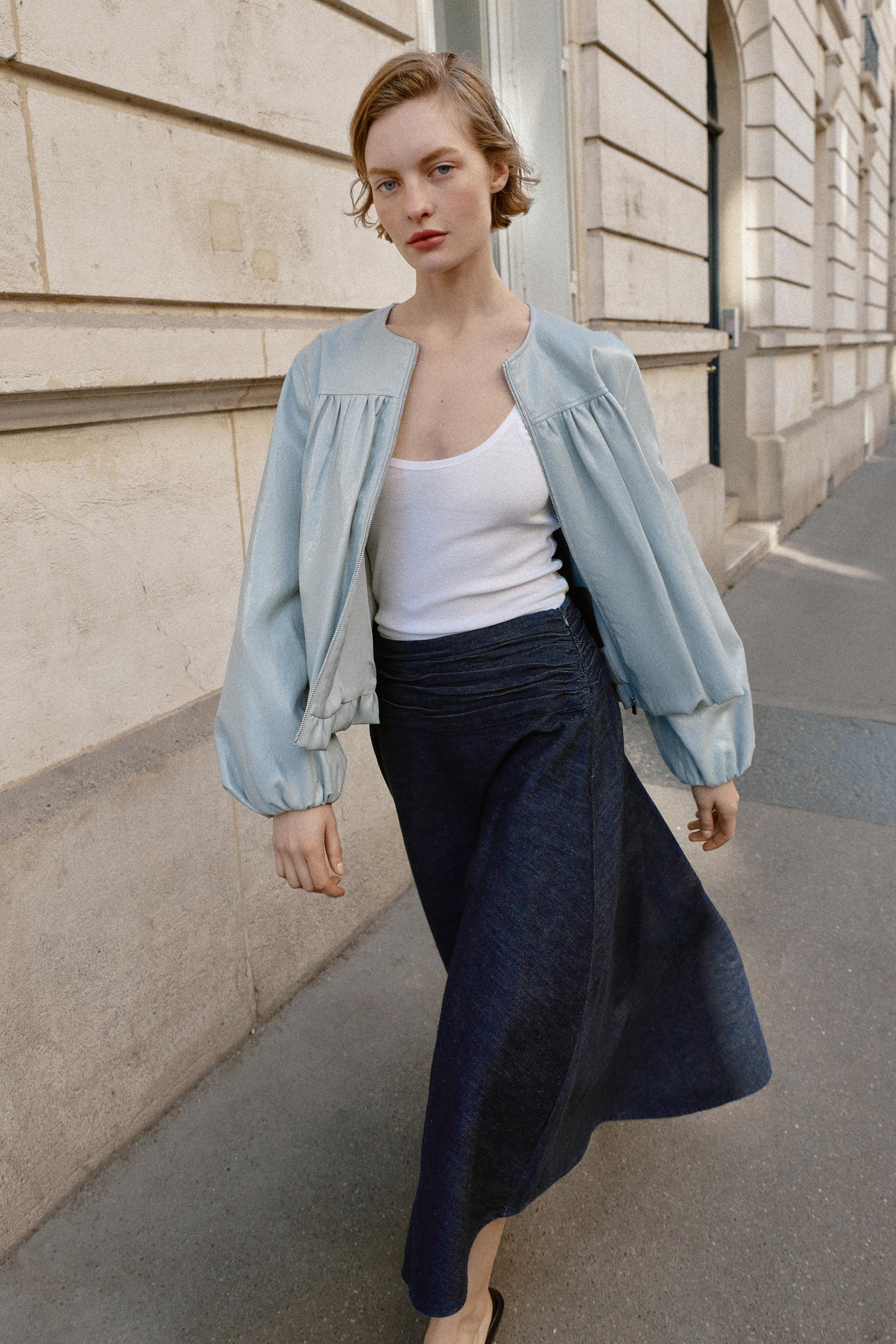 Zara - Leather Effect Puffer Jacket - Sky Blue - L - Woman | Zara AU