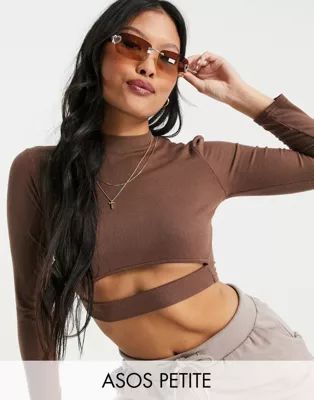 ASOS DESIGN Petite long sleeve crop top with under bust cut out in brown | ASOS (Global)