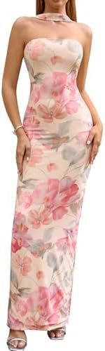 HTZMO Women Elegant Summer Bodycon Maxi Dress Halter Neck Formal Wedding Guest Cocktail Party Lon... | Amazon (US)