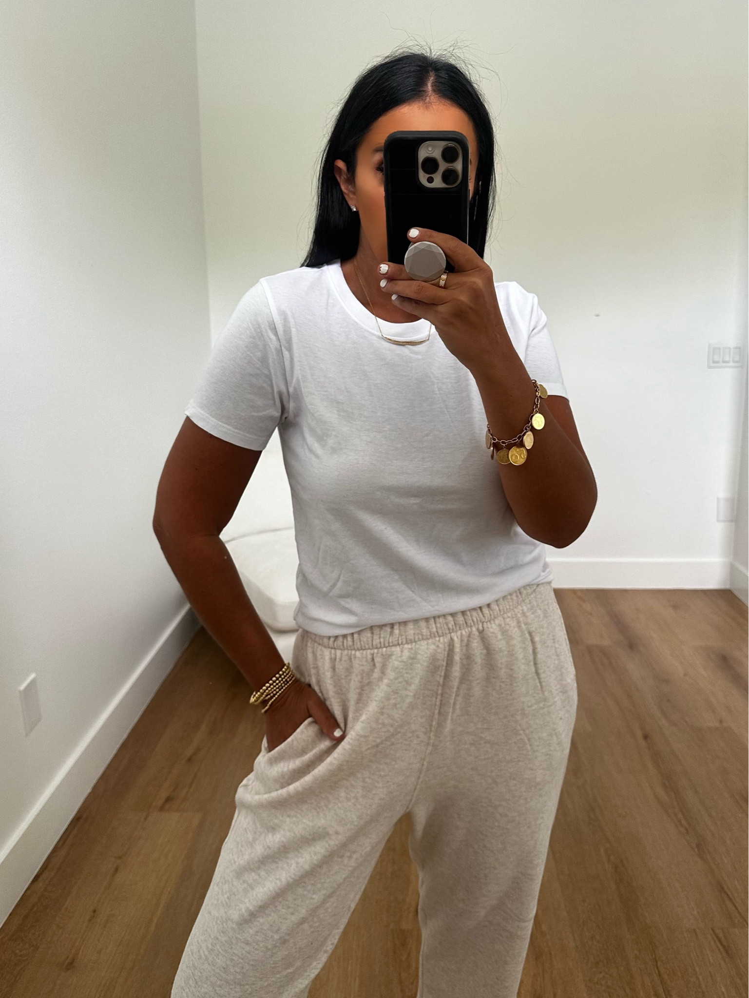 Longer-Length Crew T-Shirt wearing size medium. Feel Good Fleece Dad Joggers wearing size medium.
