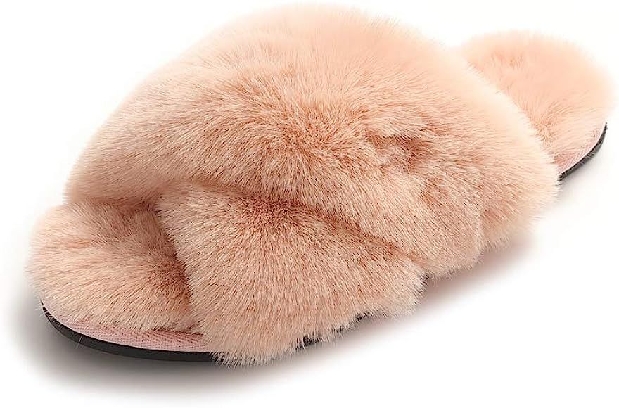 Fuzzy Slippers for Women Bunny Fur Cross-Band Slippers Cushioned Non-Slip Indoor/Outdoor Slippers | Amazon (US)