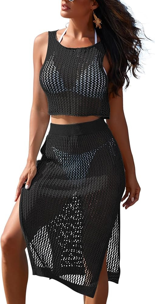 Pink Queen Women 2 Piece Swimsuit Crochet Hollow Out Swim Cover Up Bikini Swimwear Knit Mesh Tuni... | Amazon (US)