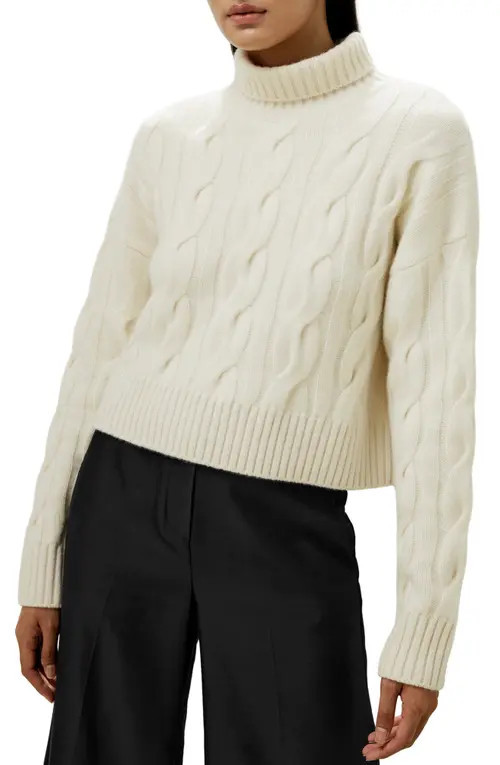 Lilysilk Cable Knit Cashmere Turtleneck Sweater in White at Nordstrom, Size Medium | Nordstrom