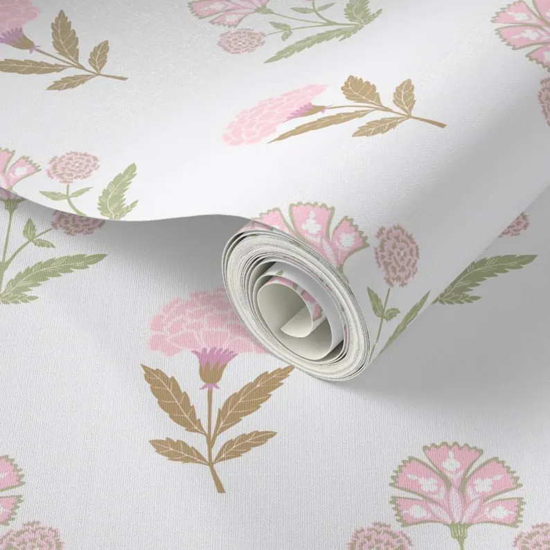Pink Floral Block Print Peel and Stick Wallpaper - Etsy | Etsy (Global)