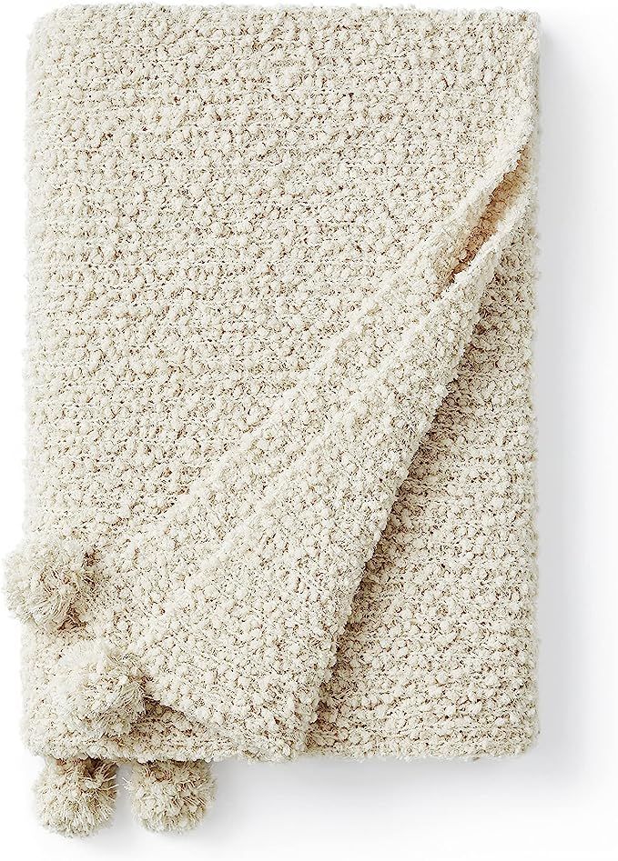 Cozy Potato Pom Pom Yarn Knit Throw Blanket - Farmhouse White | Amazon (US)