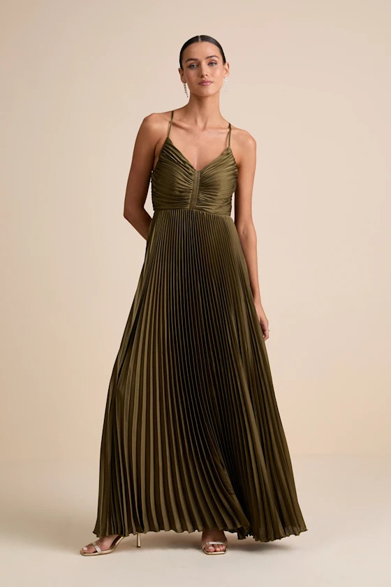 Dreaming in Color Olive Green V-Neck Pleated Satin Maxi Dress | Lulus