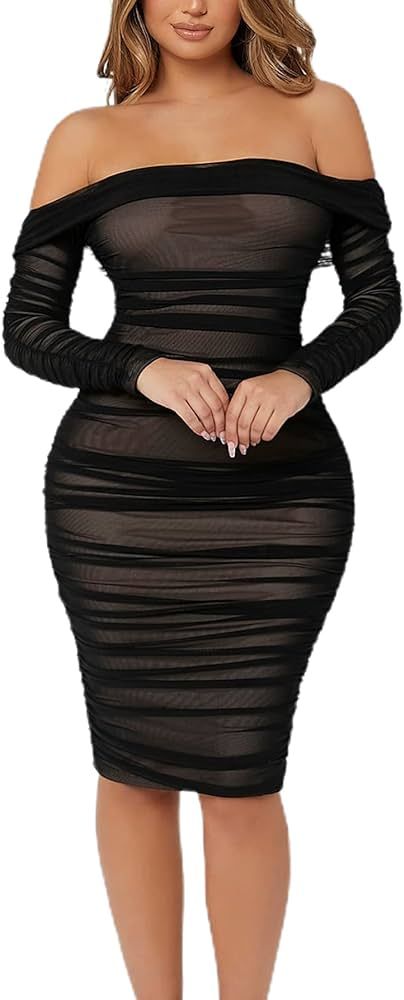 GORGLITTER Women's Off Shoulder Mesh Bodycon Midi Dress Long Sleeve Ruched Knee Length Dresses | Amazon (US)