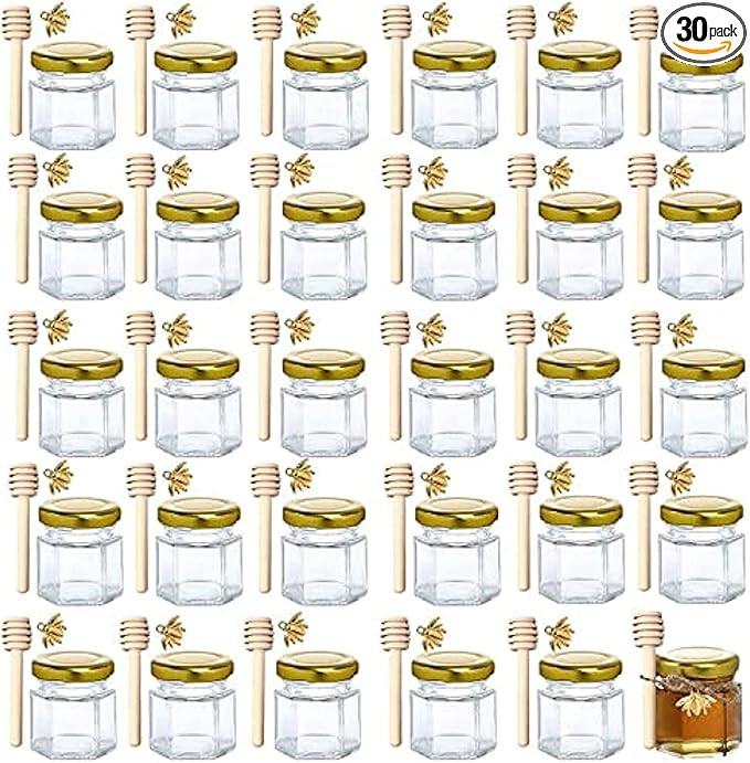 1.5 oz Hexagon Mini Glass Honey Jars -30Pack Honey Jars with Wood Dipper, Gold Lid, Bee Pendants,... | Amazon (US)