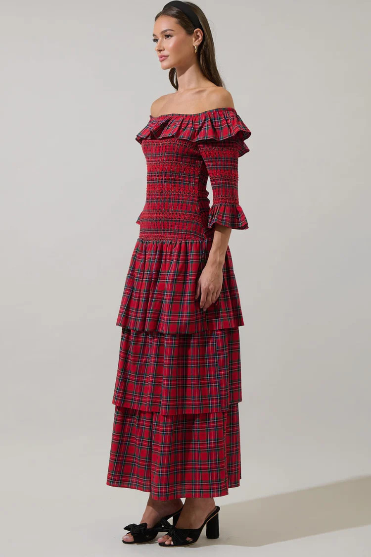 Nicoletta Red Plaid Off the Shoulder Maxi Dress | Confête