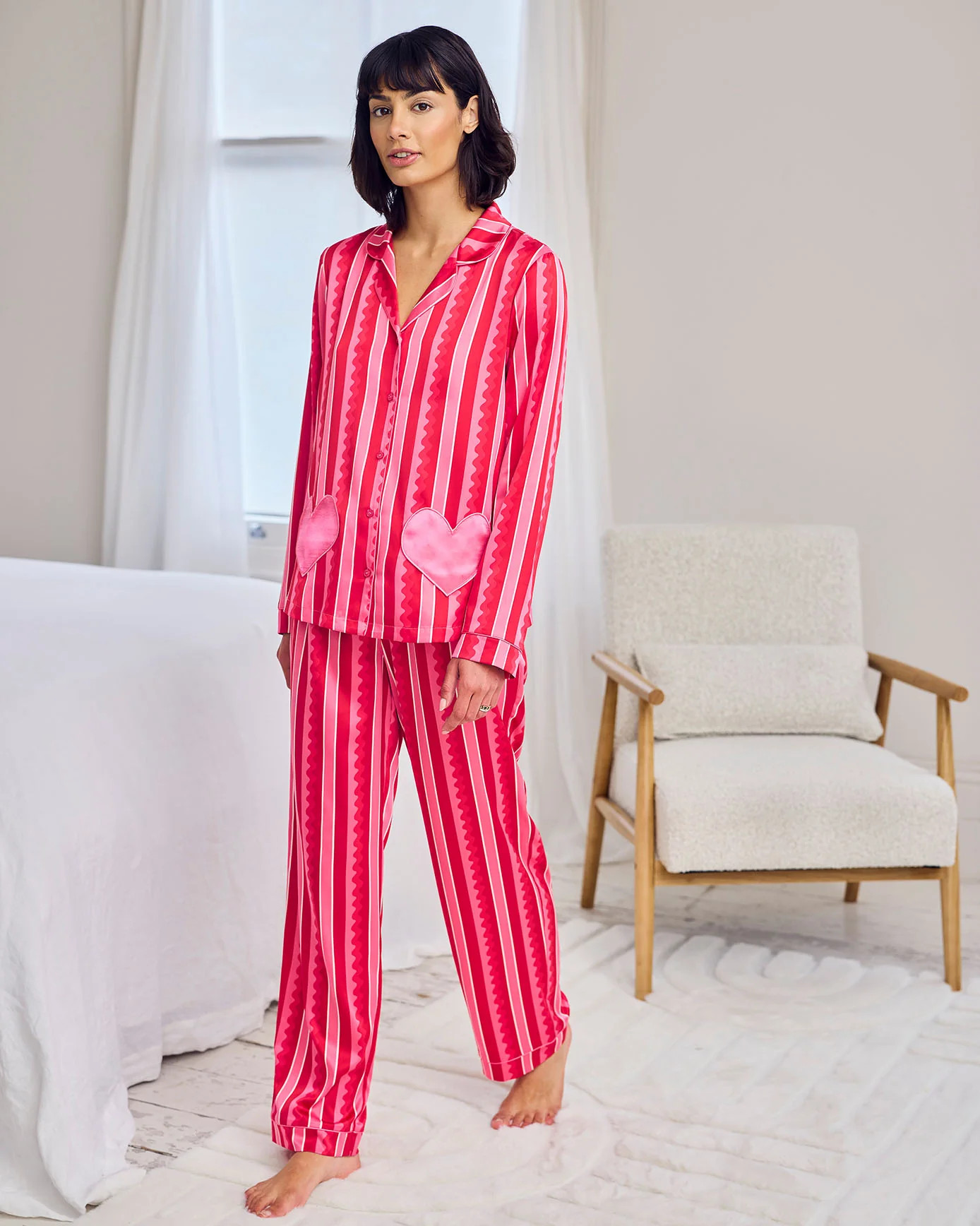 Satin Heart Pocket Striped Long Pyjama Set - Pink | Chelsea Peers NYC