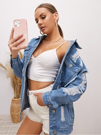 Button Front Flap Pocket Ripped Denim Jacket | SHEIN