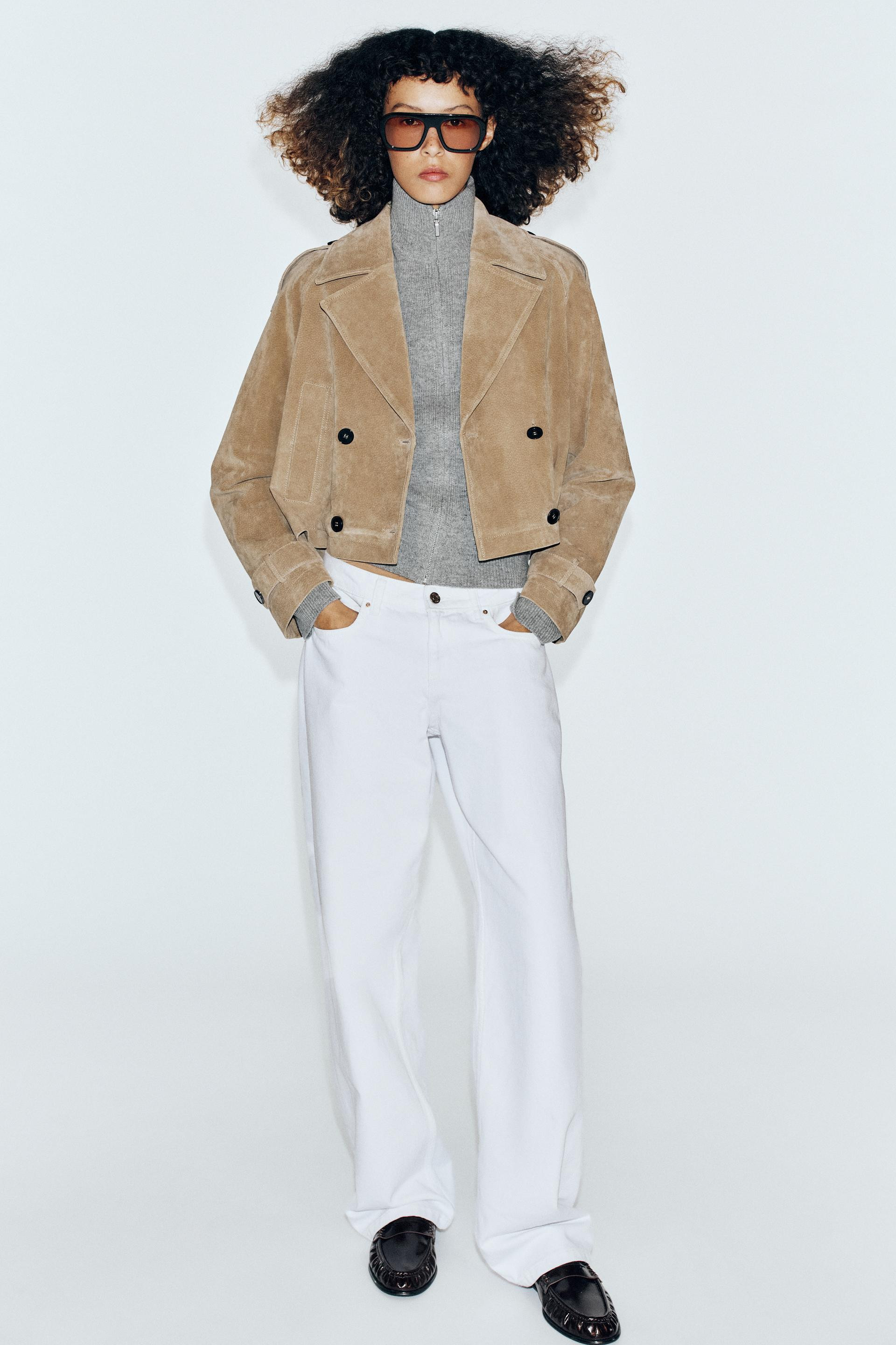 Zara - Cropped Double Breasted 100% Leather Trench - Dark Khaki - Xs - Woman | Zara US