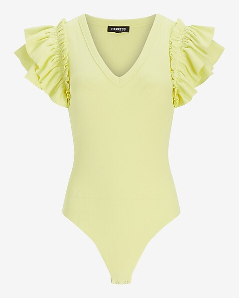 V-Neck Ruffle Sleeve Thong Bodysuit | Express