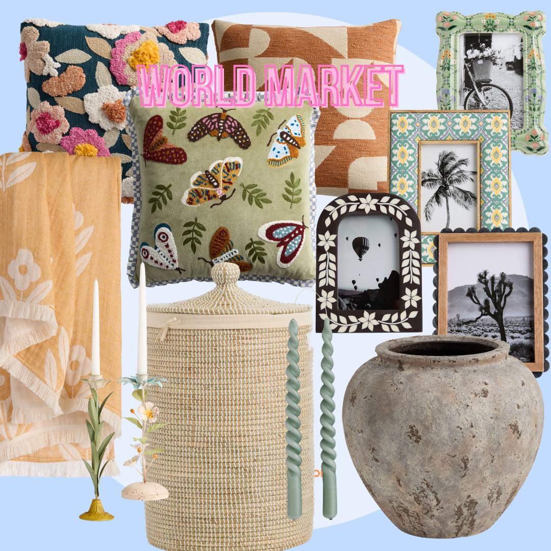 Home Decor | Spring | Throw Pillows | Doormat | Floral Rug | Ottoman | Wood Bench | Vase | Framed Art | Home Finds | World Market 

 #LTKSeasonal #LTKHome #LTKSaleAlert