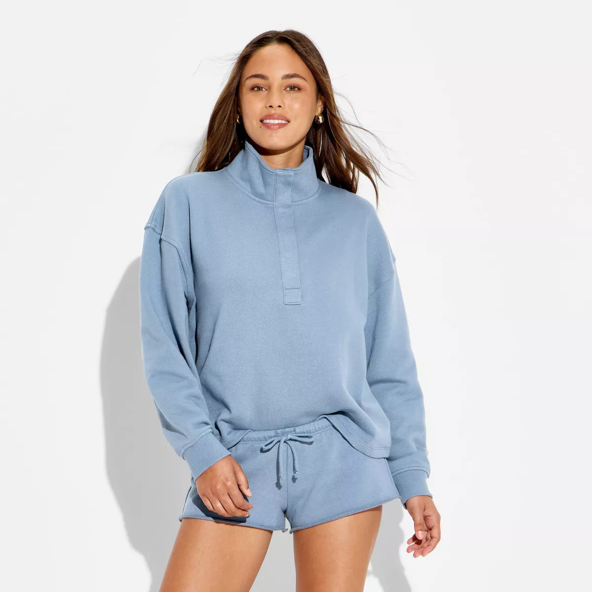 Women's French Terry Henley Shirt - Wild Fable\u2122 Dark Blue L | Target