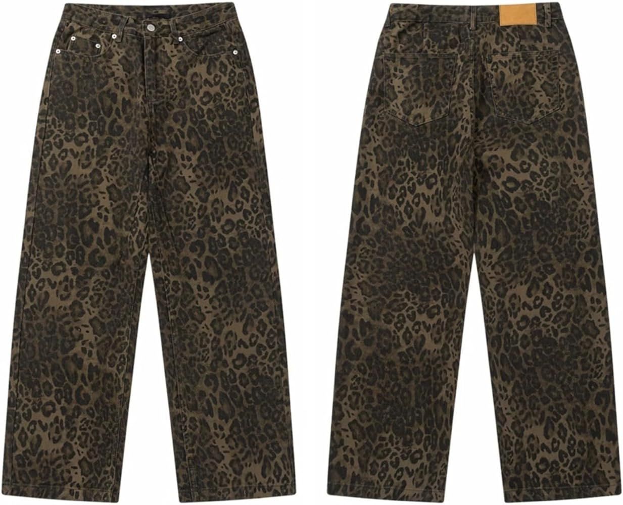Tan Leopard Print Jeans for Women UK Baggy Wide Leg Vintage Casual Y2K Grunge Pants Streetwear Pants XS-2XL | Amazon (UK)