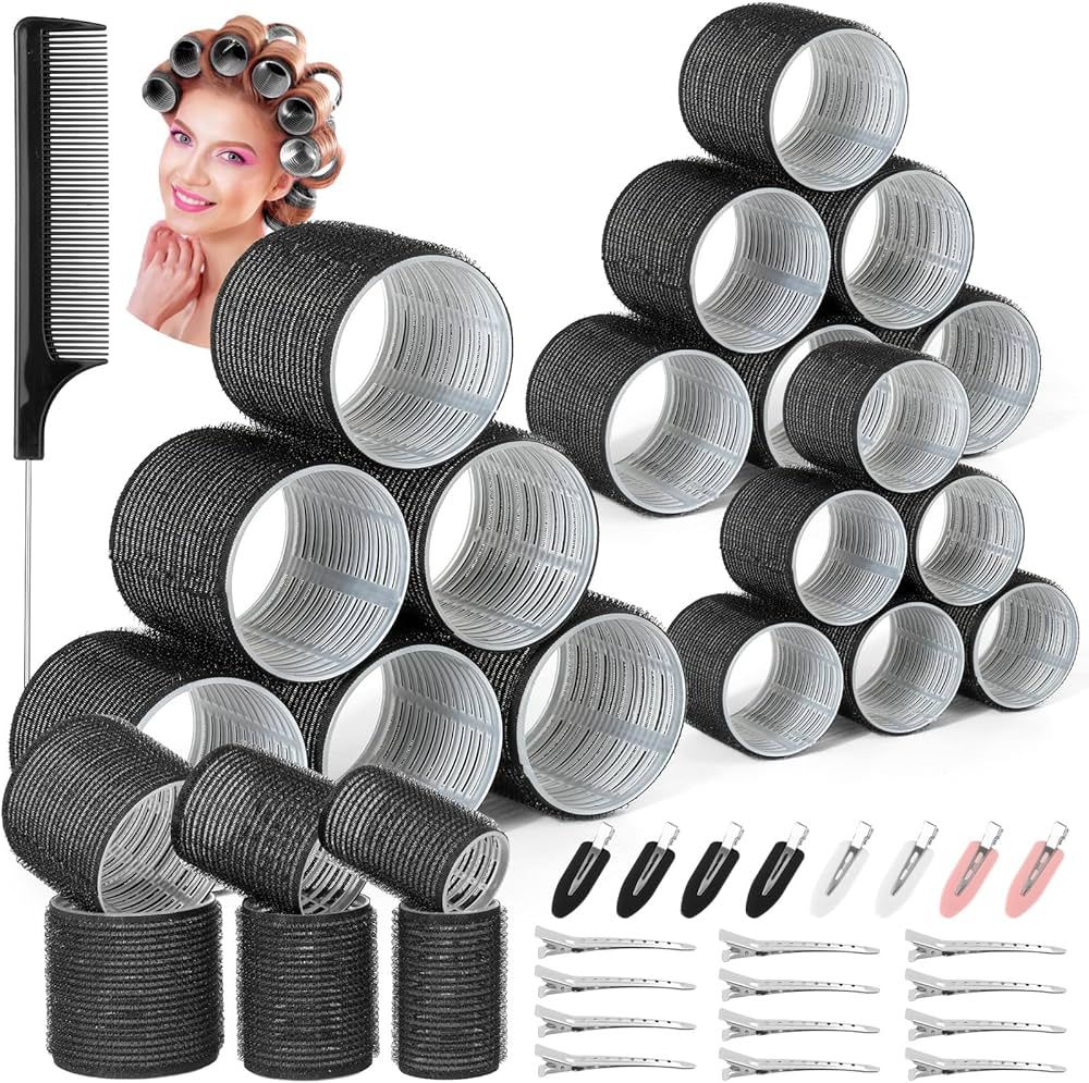 39PCS Self Grip Curlers 3 Sizes - Black 2.5in, 1.9in, 1.4in Rollers with Duckbill Clips for Long, Medium, Short, Thick, Fine Hair Volume and Bangs | Amazon (US)