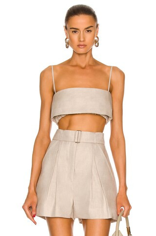 MATTHEW BRUCH Structured Bandeau Crop Top in Oatmeal Linen | FWRD | FWRD 
