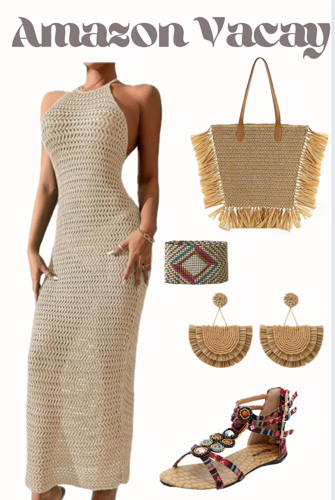 Amazon vacay style. Crochet dress, fringe straw beach tote, raffia earrings, beaded tribal bracelet, beaded sandals. Cruise style boho style 

#LTKstyletip #LTKtravel #LTKswim