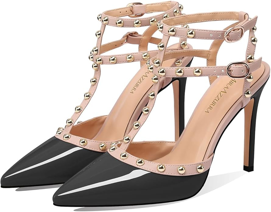 MIRAAZZURRA Women Heeled Sandals Rivet Studded High Heels Stiletto T-Strap Pointed Toe Slip On Br... | Amazon (US)