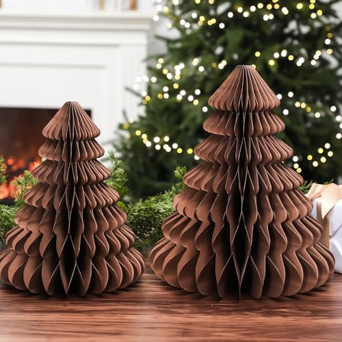 Spiareal Set of 2 Dark Brown Christmas Honeycomb Trees Table Centerpiece 10, 12 Inch 3D Paper Christmas Tree Winter Decoration for Modern Xmas Mantel Home Xmas Holiday Party Decor Supplies | Amazon (US)