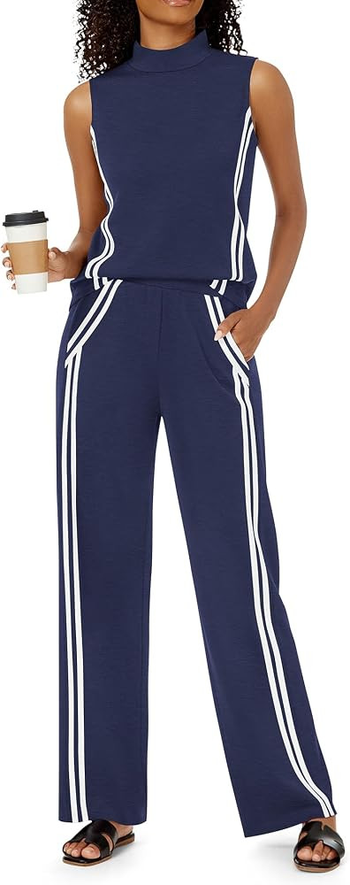 Womens 2 Piece Lounge Set Stripes Travel Outfits Sweatsuit Mock Neck Tank Top Wide Leg Pants Casu... | Amazon (US)