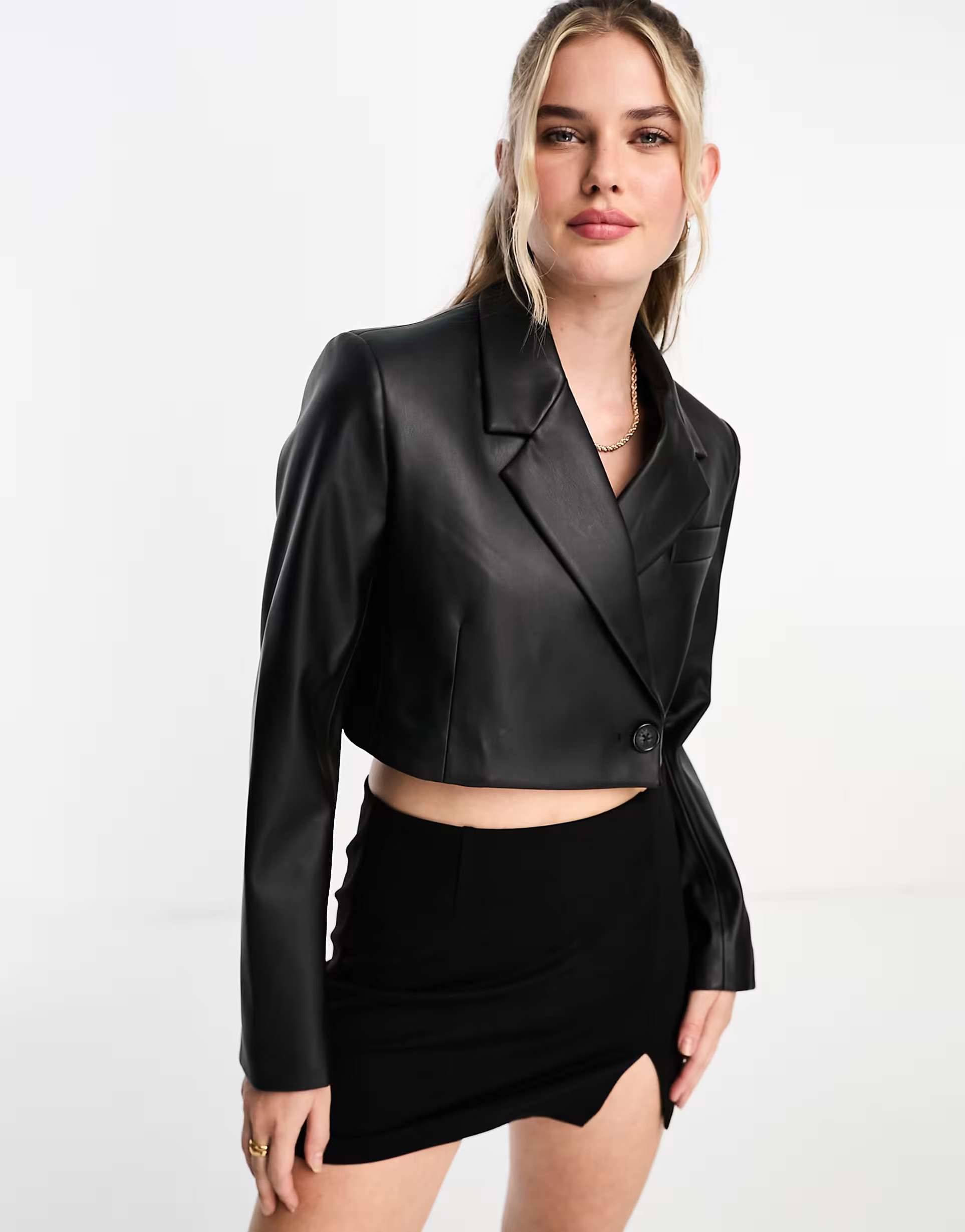 Pull&Bear cropped faux leather blazer in black | ASOS (Global)