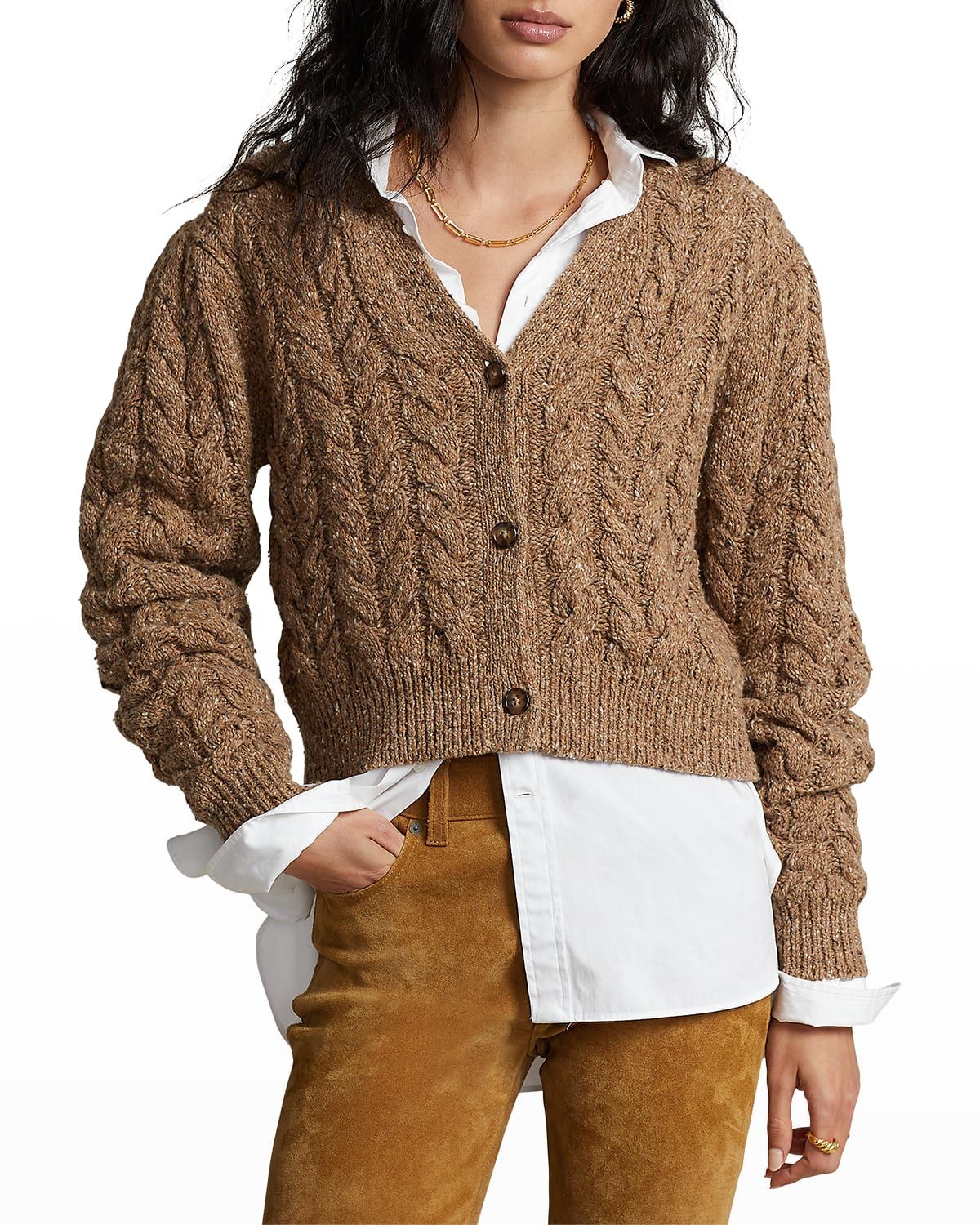Cable Wool-Blend Puffed-Sleeve Cardigan | Neiman Marcus