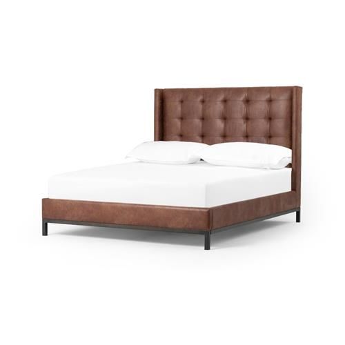 Nyla Modern Tufted Brown Faux Leather High Headboard Platform Bed - King | Kathy Kuo Home