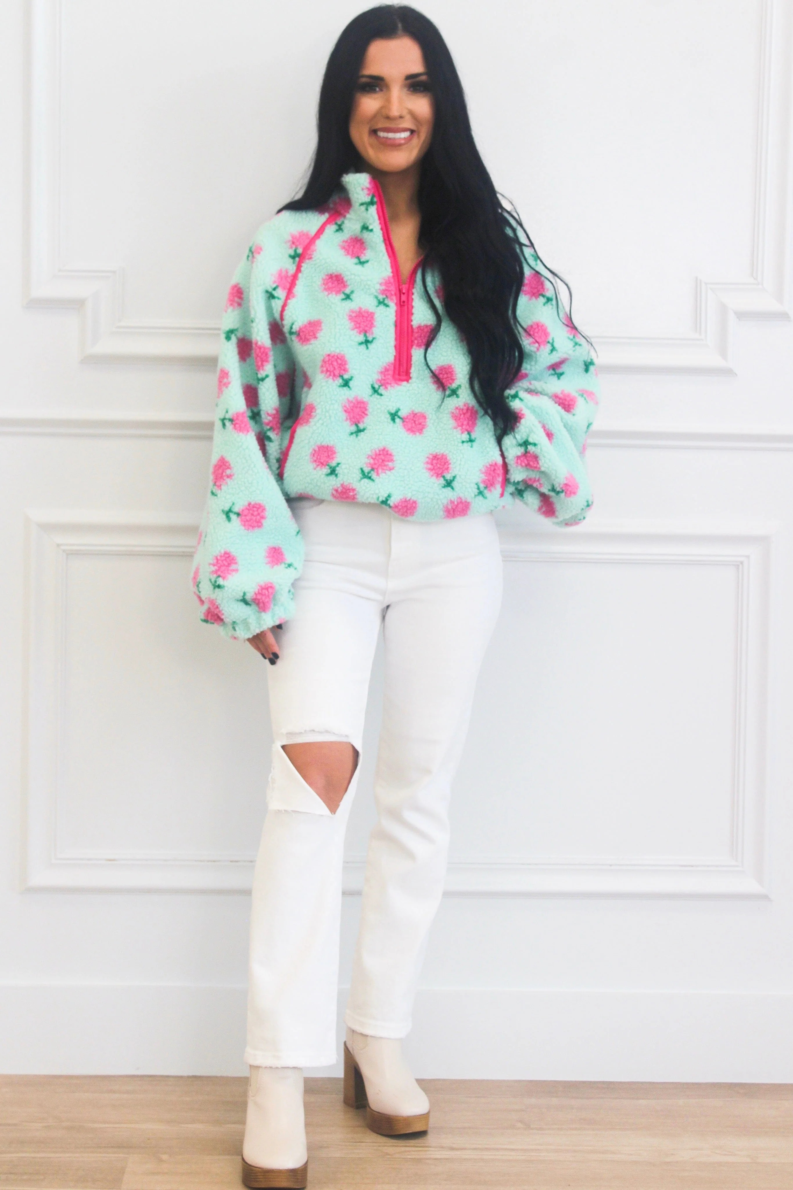 Sweetest Girl Sherpa Floral Quarter Zip Pullover: Mint | Bella and Bloom Boutique