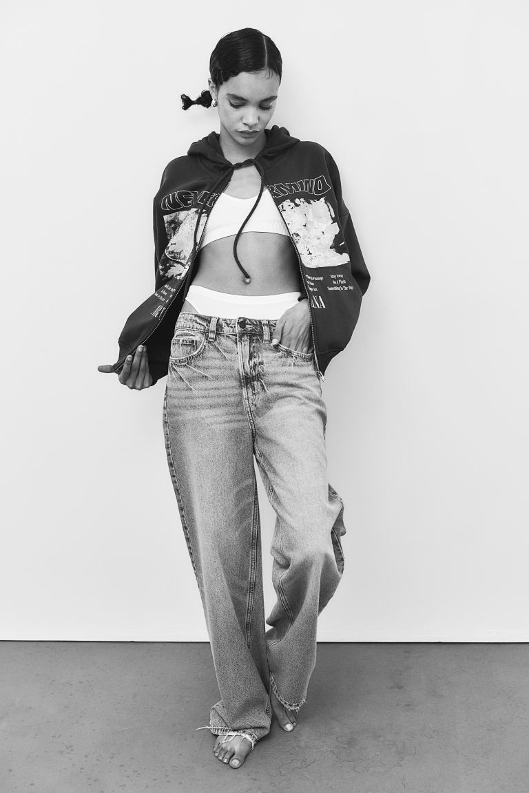 Oversized Printed Hooded Jacket - Black/Nirvana - Ladies | H&M US | H&M (US + CA)