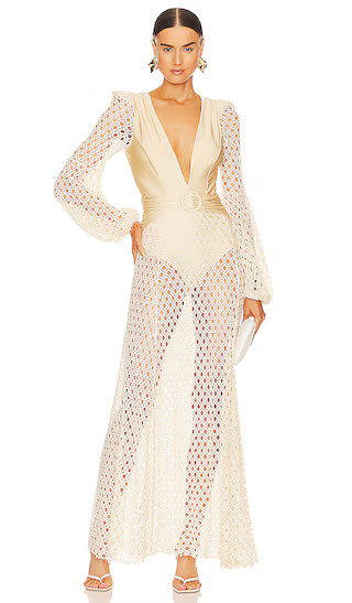 Monstera Crochet Plunge Maxi Dress in Sand | Revolve Clothing (Global)