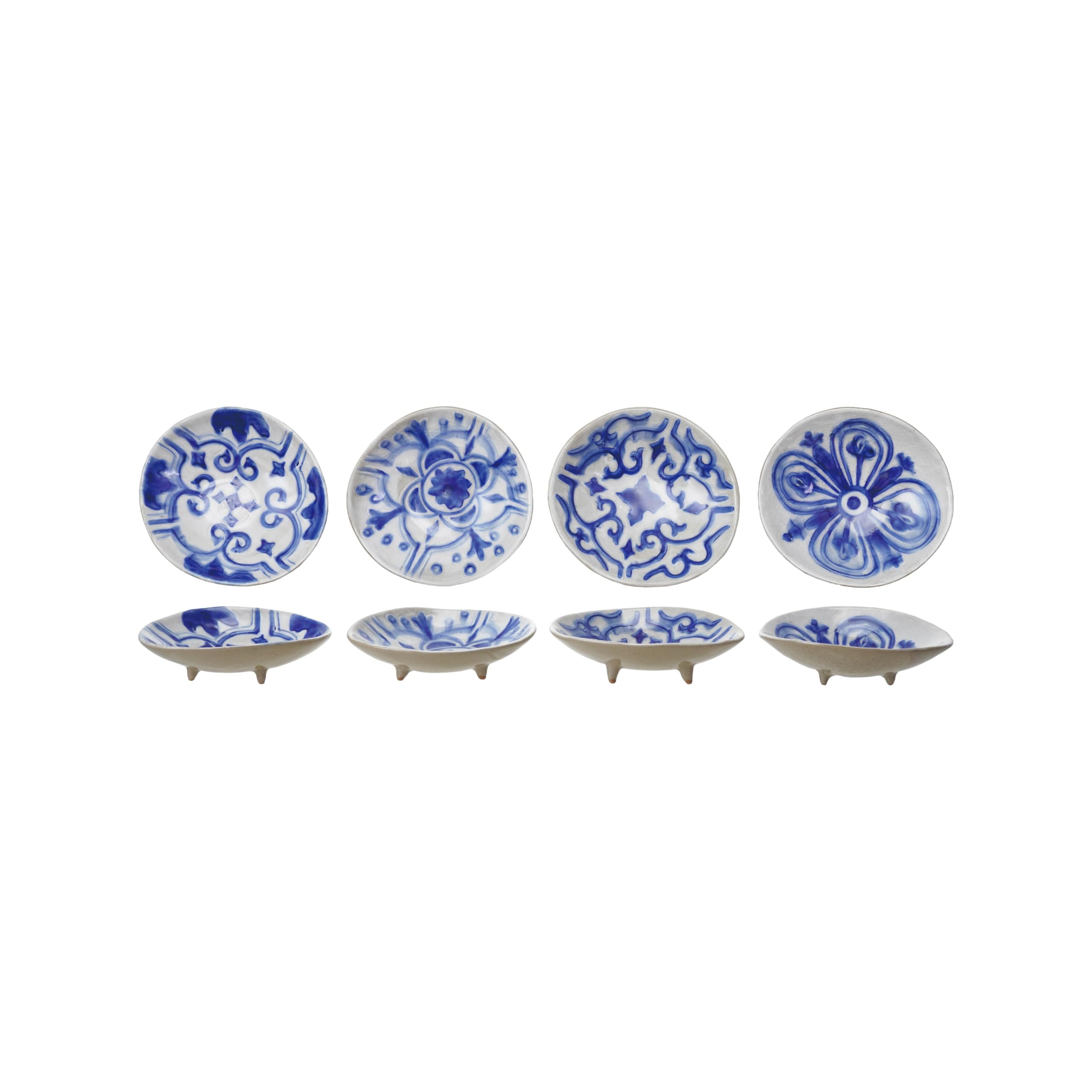 Creative Co-Op 4-Piece Round Hand-Painted Stoneware Footed Dish Set, Blue and White | Amazon (US)